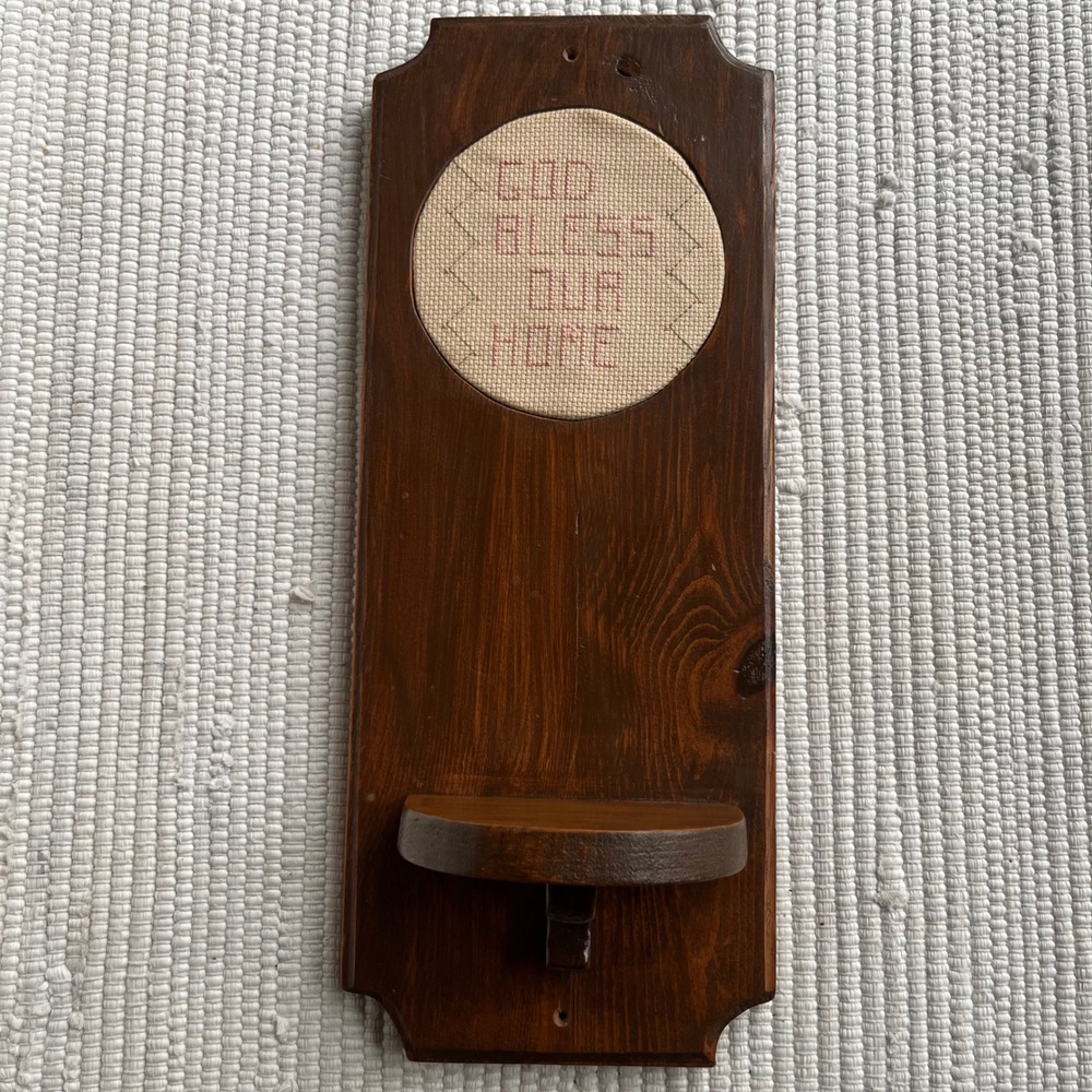 Vintage Wood Wall Plaque God Bless Our Home Cross Stitch Sconce Shelf Rustic